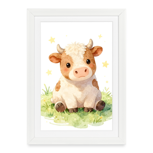 Niedliche Kuh Poster fürs Kinderzimmer – Sanftes Bauernhof Tier Wandbild im Aquarellstil - white