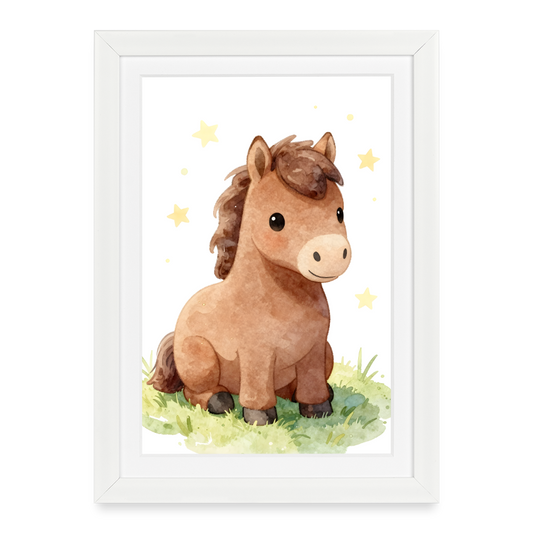Niedliches Pferd Poster fürs Kinderzimmer – Sanftes Bauernhof Tier Wandbild im Aquarellstil - white