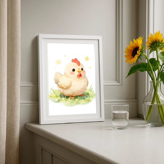 Niedliches Huhn Poster fürs Kinderzimmer – Sanftes Bauernhof Tier Wandbild im Aquarellstil - white