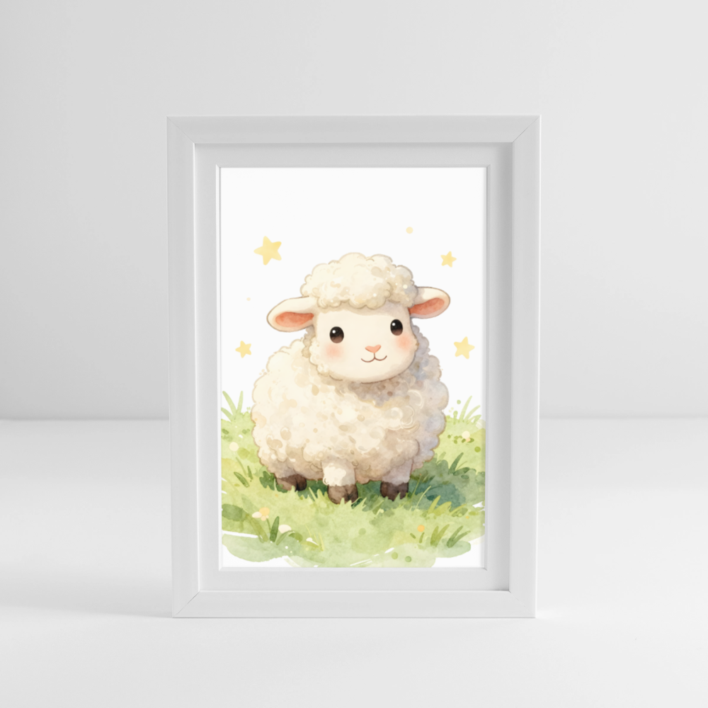 Niedliches Schaf Poster fürs Kinderzimmer – Sanftes Bauernhof Tier Wandbild im Aquarellstil - white