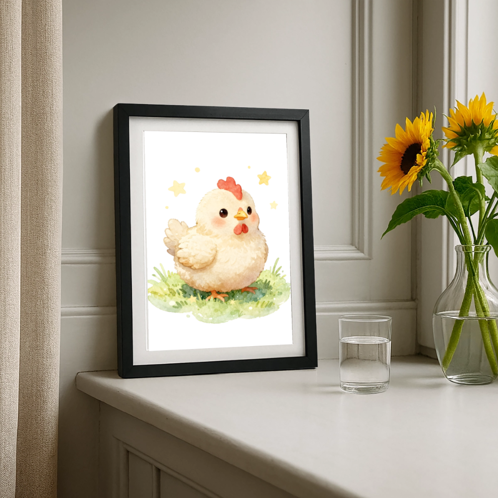 Niedliches Huhn Poster fürs Kinderzimmer – Sanftes Bauernhof Tier Wandbild im Aquarellstil - black
