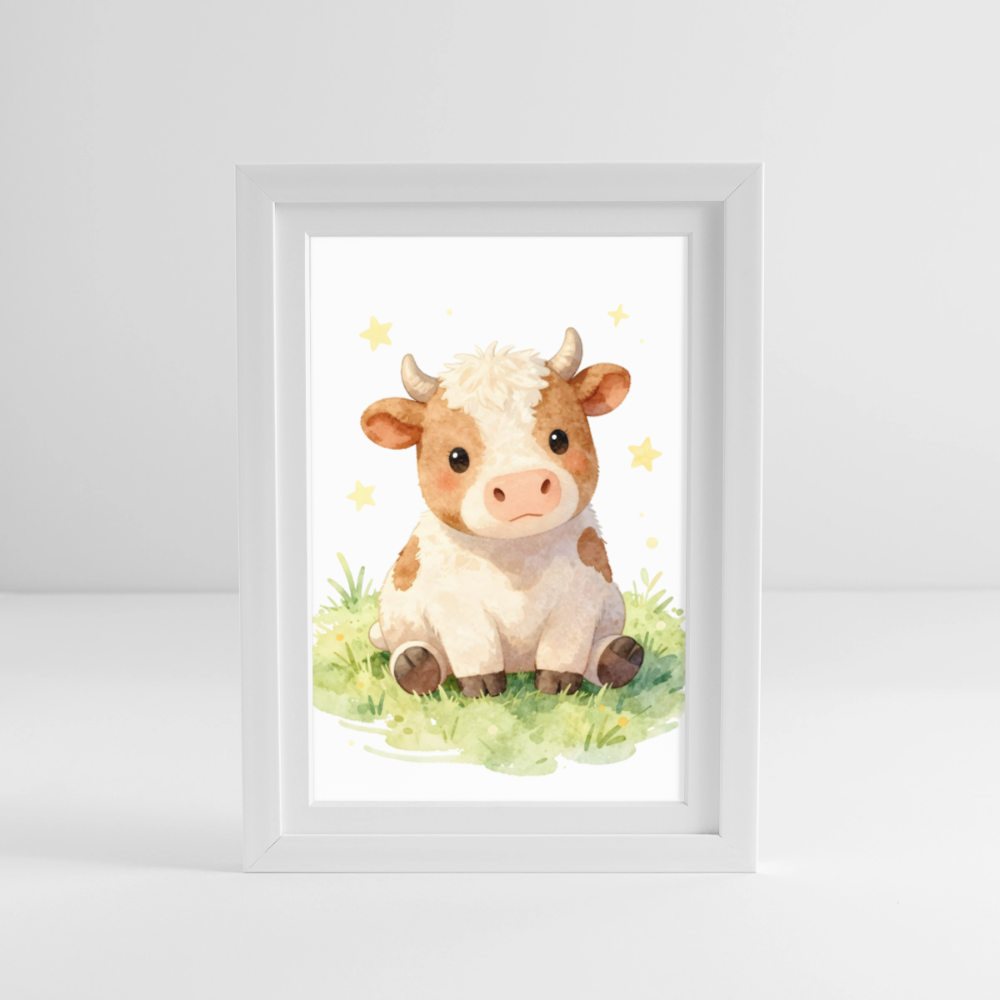 Niedliche Kuh Poster fürs Kinderzimmer – Sanftes Bauernhof Tier Wandbild im Aquarellstil - white