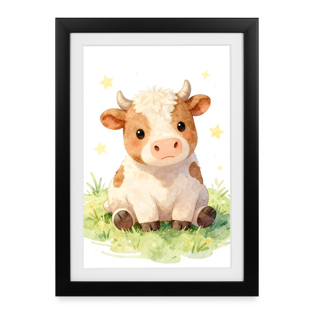 Niedliche Kuh Poster fürs Kinderzimmer – Sanftes Bauernhof Tier Wandbild im Aquarellstil - black