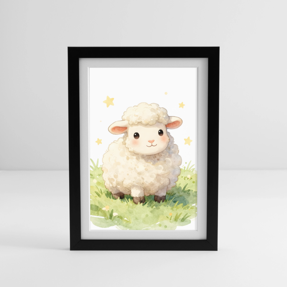 Niedliches Schaf Poster fürs Kinderzimmer – Sanftes Bauernhof Tier Wandbild im Aquarellstil - black