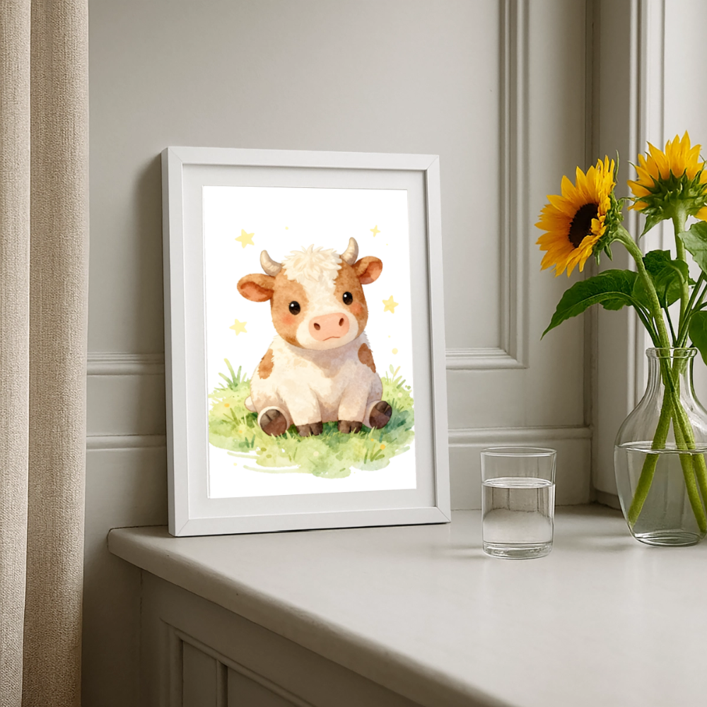 Niedliche Kuh Poster fürs Kinderzimmer – Sanftes Bauernhof Tier Wandbild im Aquarellstil - white