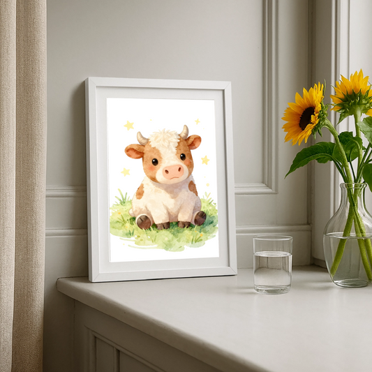 Niedliche Kuh Poster fürs Kinderzimmer – Sanftes Bauernhof Tier Wandbild im Aquarellstil - white