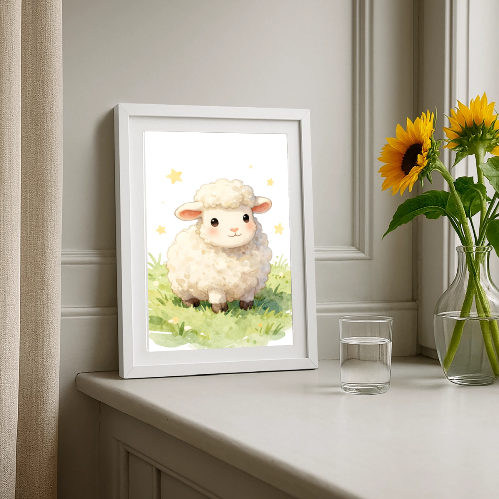 Niedliches Schaf Poster fürs Kinderzimmer – Sanftes Bauernhof Tier Wandbild im Aquarellstil - white