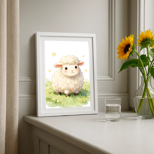 Niedliches Schaf Poster fürs Kinderzimmer – Sanftes Bauernhof Tier Wandbild im Aquarellstil - white
