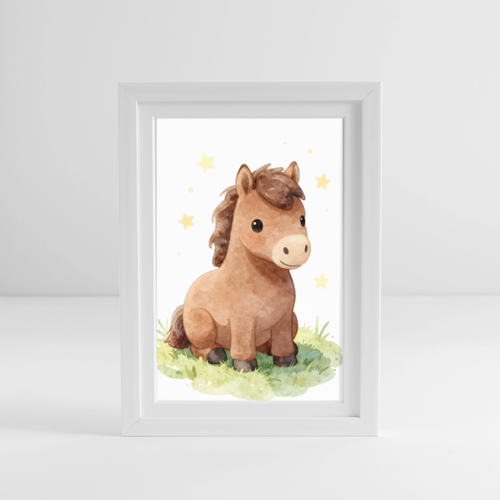 Niedliches Pferd Poster fürs Kinderzimmer – Sanftes Bauernhof Tier Wandbild im Aquarellstil - white