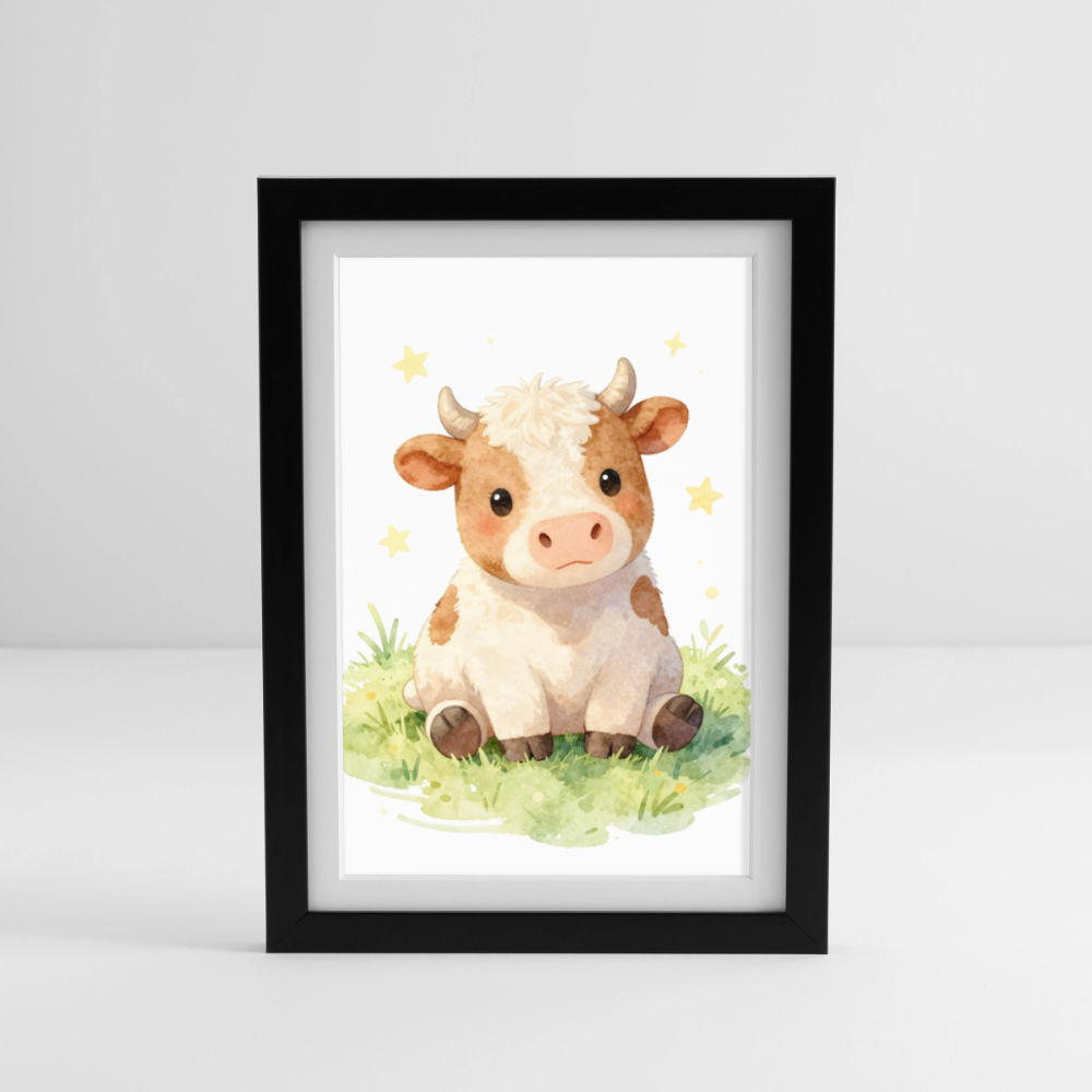 Niedliche Kuh Poster fürs Kinderzimmer – Sanftes Bauernhof Tier Wandbild im Aquarellstil - black