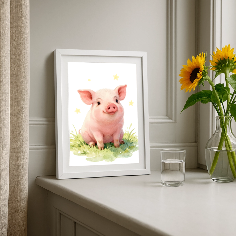 Niedliches Ferkel Poster – Sanftes Bauernhof Tiermotiv fürs Kinderzimmer - white