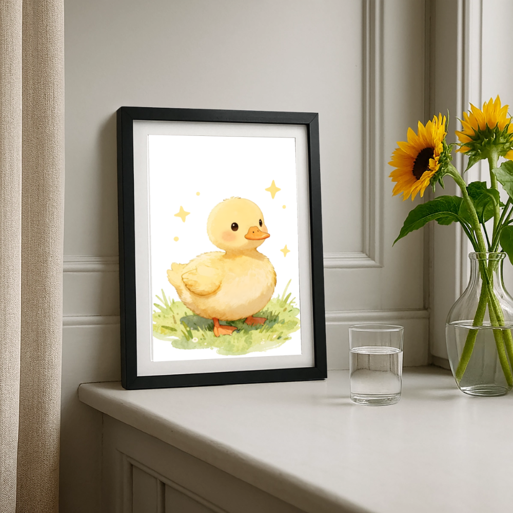 Niedliche Ente Poster fürs Kinderzimmer – Sanftes Bauernhof Tier Wandbild im Aquarellstil - black