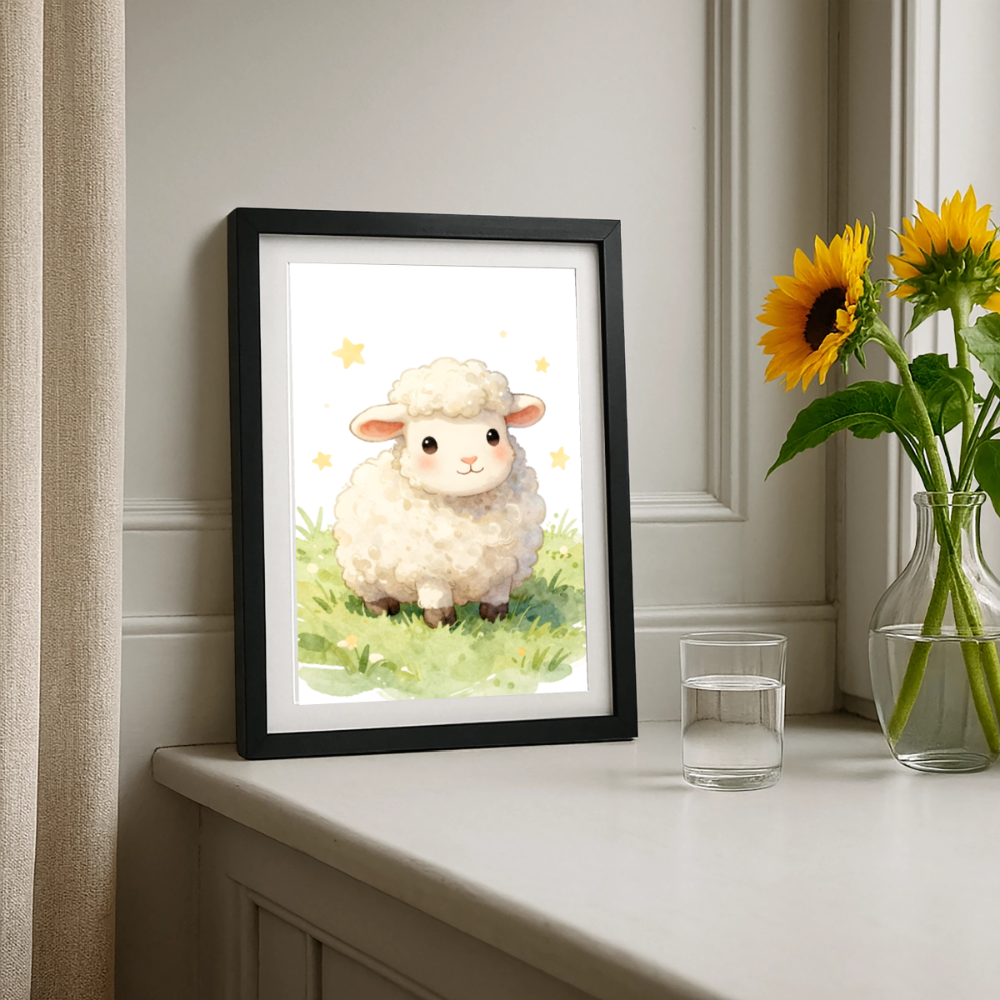 Niedliches Schaf Poster fürs Kinderzimmer – Sanftes Bauernhof Tier Wandbild im Aquarellstil - black