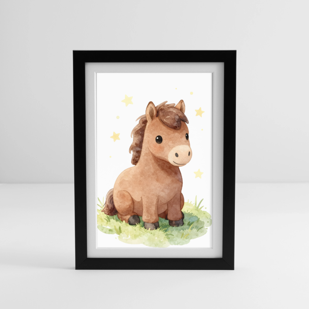 Niedliches Pferd Poster fürs Kinderzimmer – Sanftes Bauernhof Tier Wandbild im Aquarellstil - black