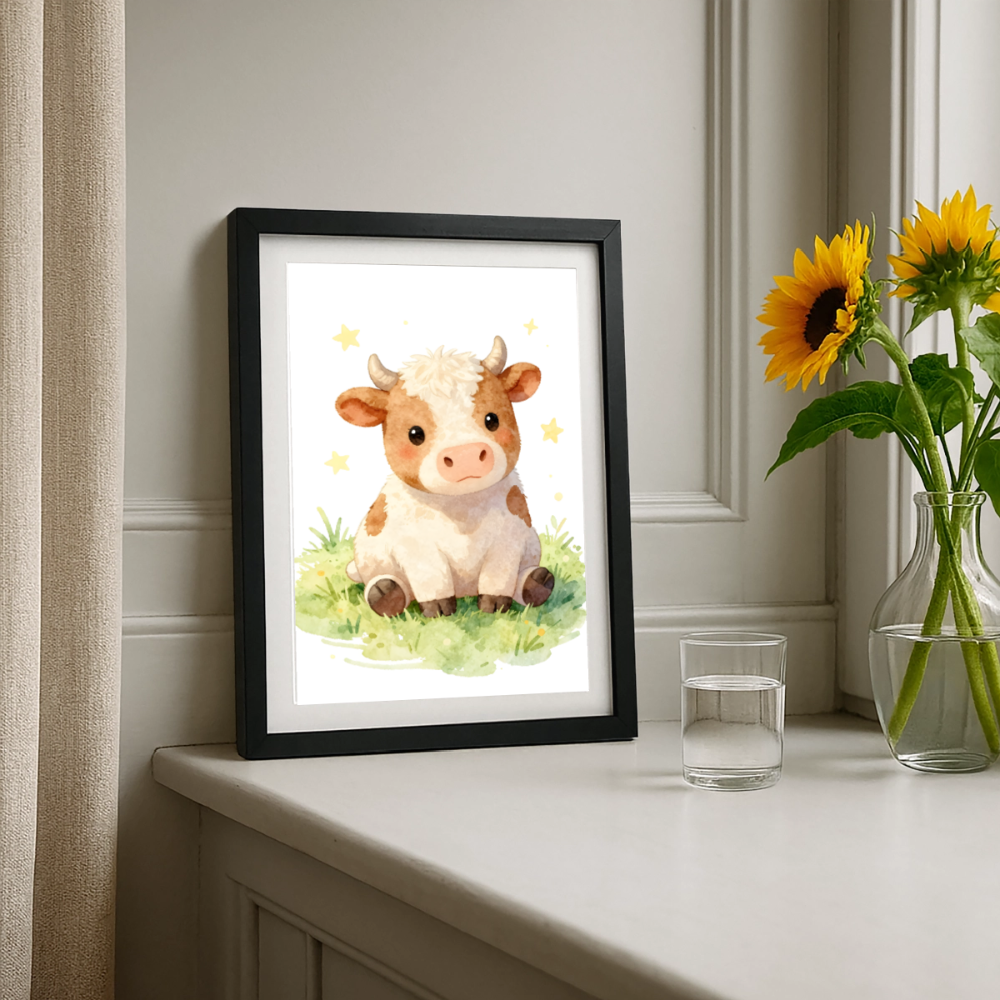 Niedliche Kuh Poster fürs Kinderzimmer – Sanftes Bauernhof Tier Wandbild im Aquarellstil - black