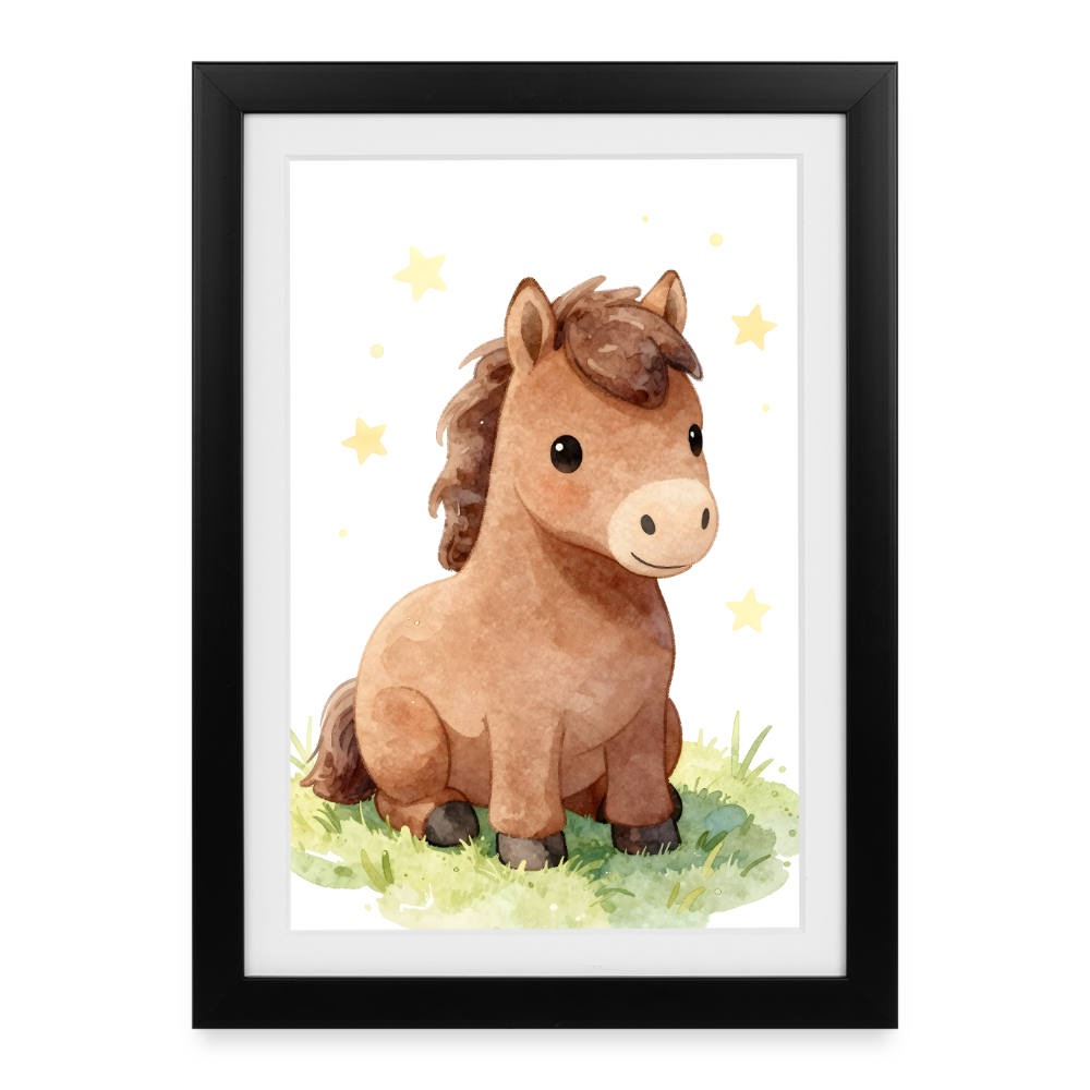 Niedliches Pferd Poster fürs Kinderzimmer – Sanftes Bauernhof Tier Wandbild im Aquarellstil - black