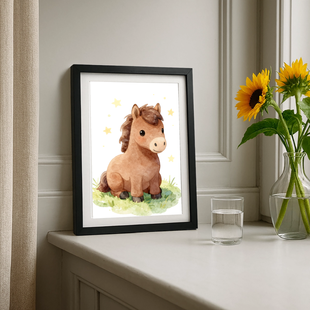 Niedliches Pferd Poster fürs Kinderzimmer – Sanftes Bauernhof Tier Wandbild im Aquarellstil - black
