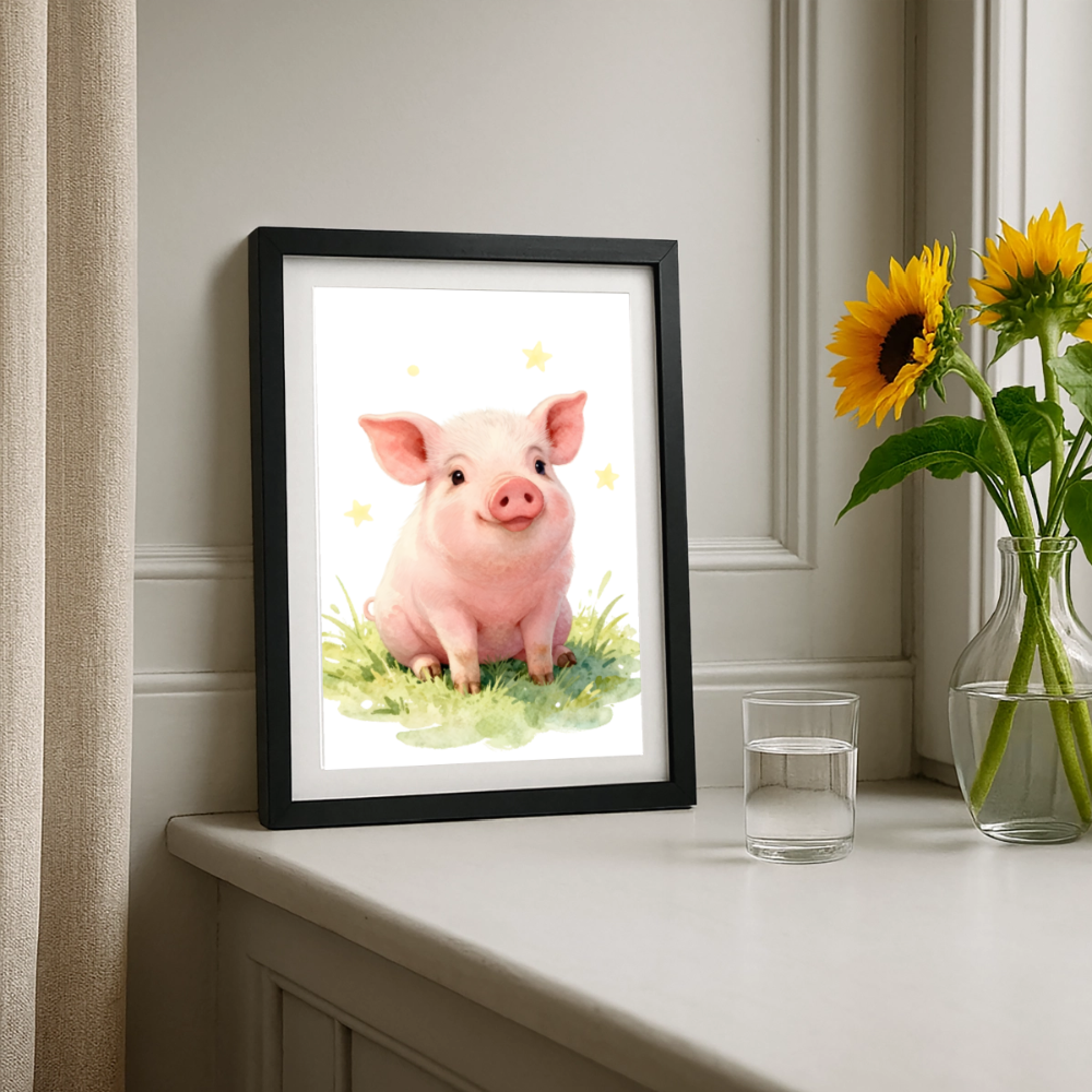 Niedliches Ferkel Poster – Sanftes Bauernhof Tiermotiv fürs Kinderzimmer - black