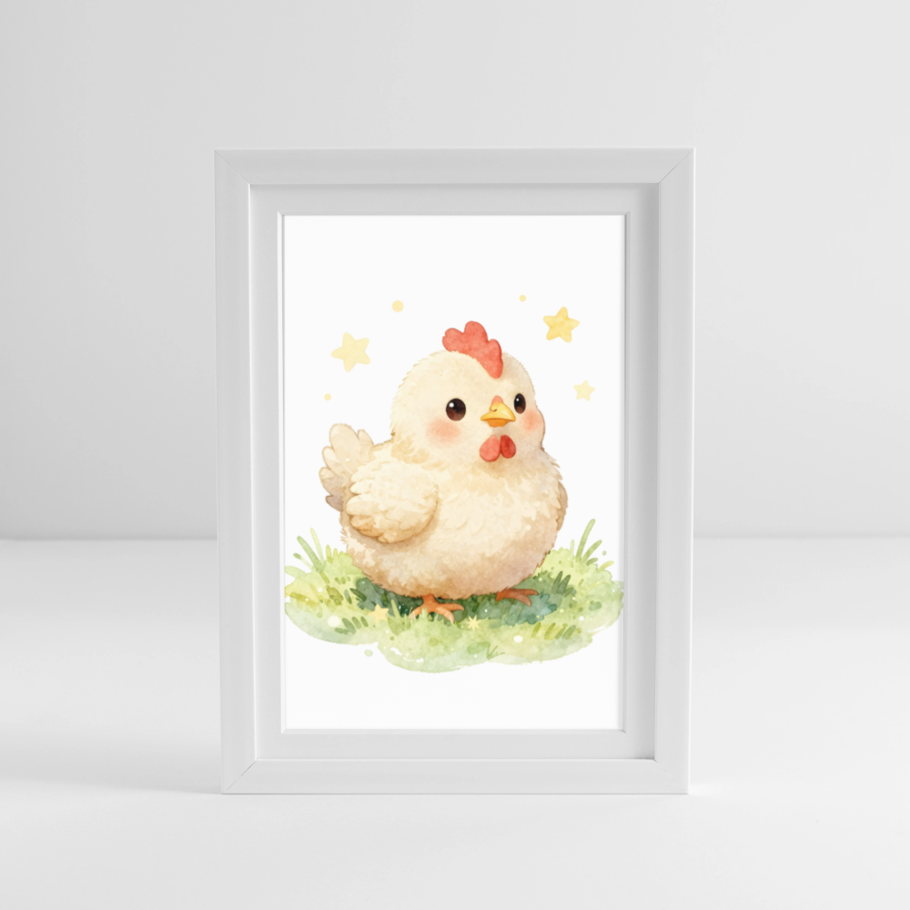 Niedliches Huhn Poster fürs Kinderzimmer – Sanftes Bauernhof Tier Wandbild im Aquarellstil - white