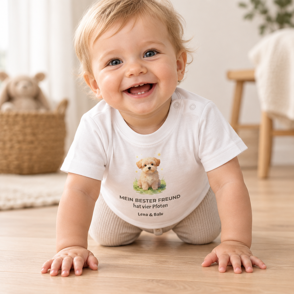 Personalisierter Baby T-Shirt mit Name – „Mein bester Freund“ | Baby & Hund | Cozee