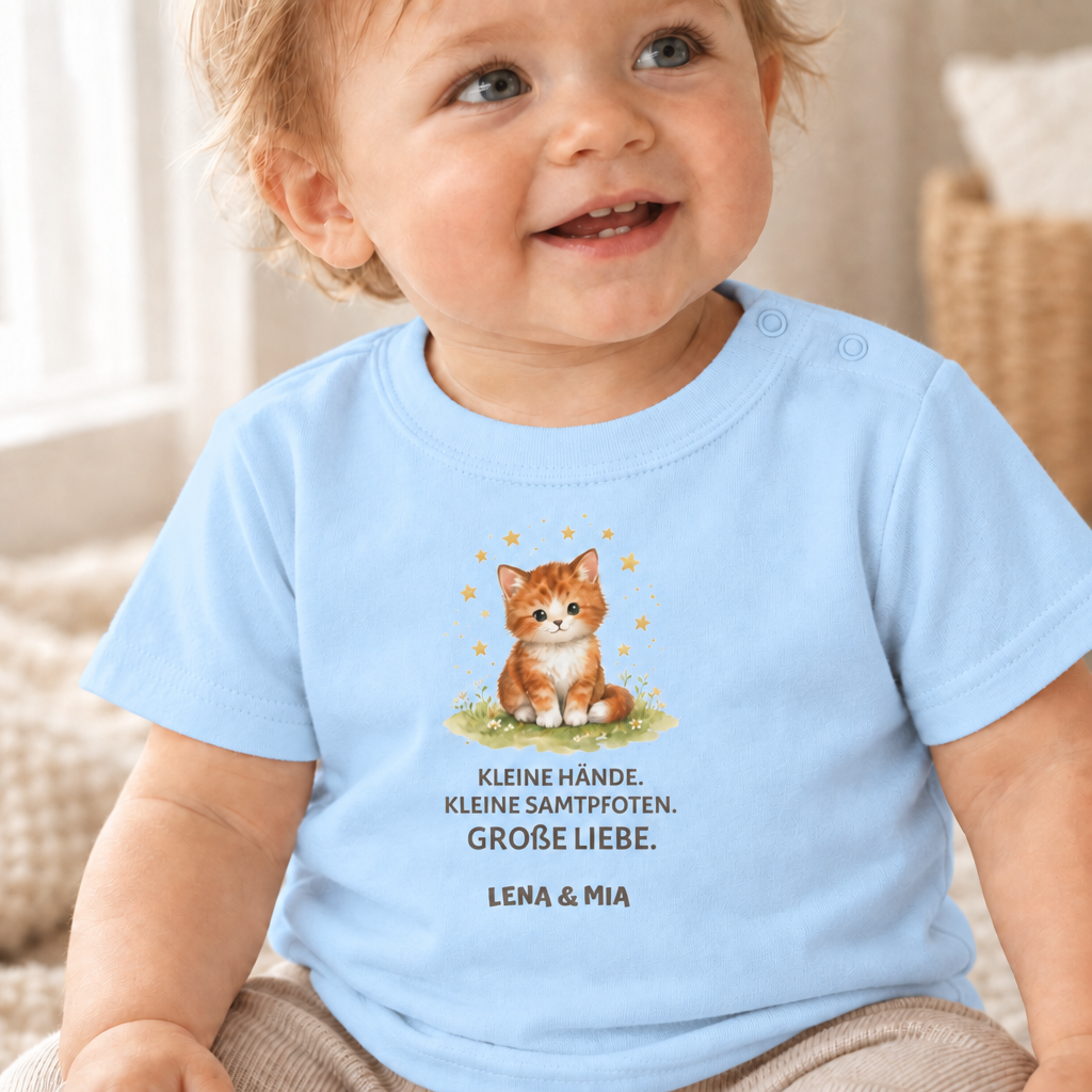 Baby T-Shirt mit Katze – Kleine Hände. Kleine Samtpfoten.
