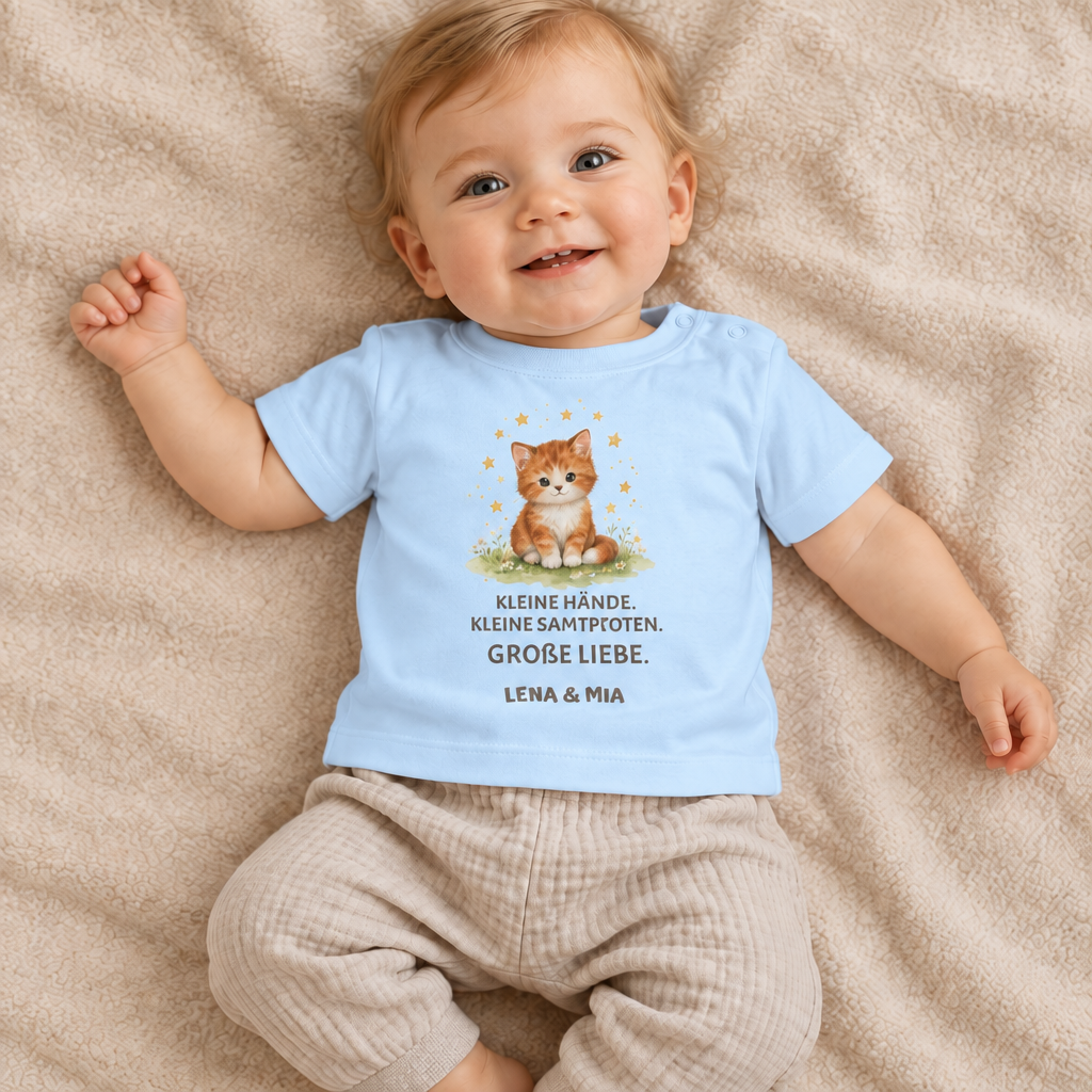 Baby T-Shirt mit Katze – Kleine Hände. Kleine Samtpfoten.