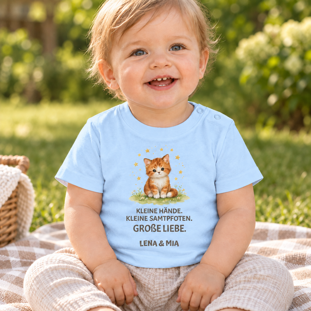 Baby T-Shirt mit Katze – Kleine Hände. Kleine Samtpfoten.