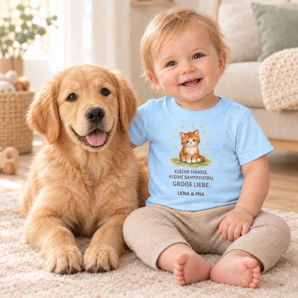 Baby T-Shirt mit Katze – Kleine Hände. Kleine Samtpfoten.