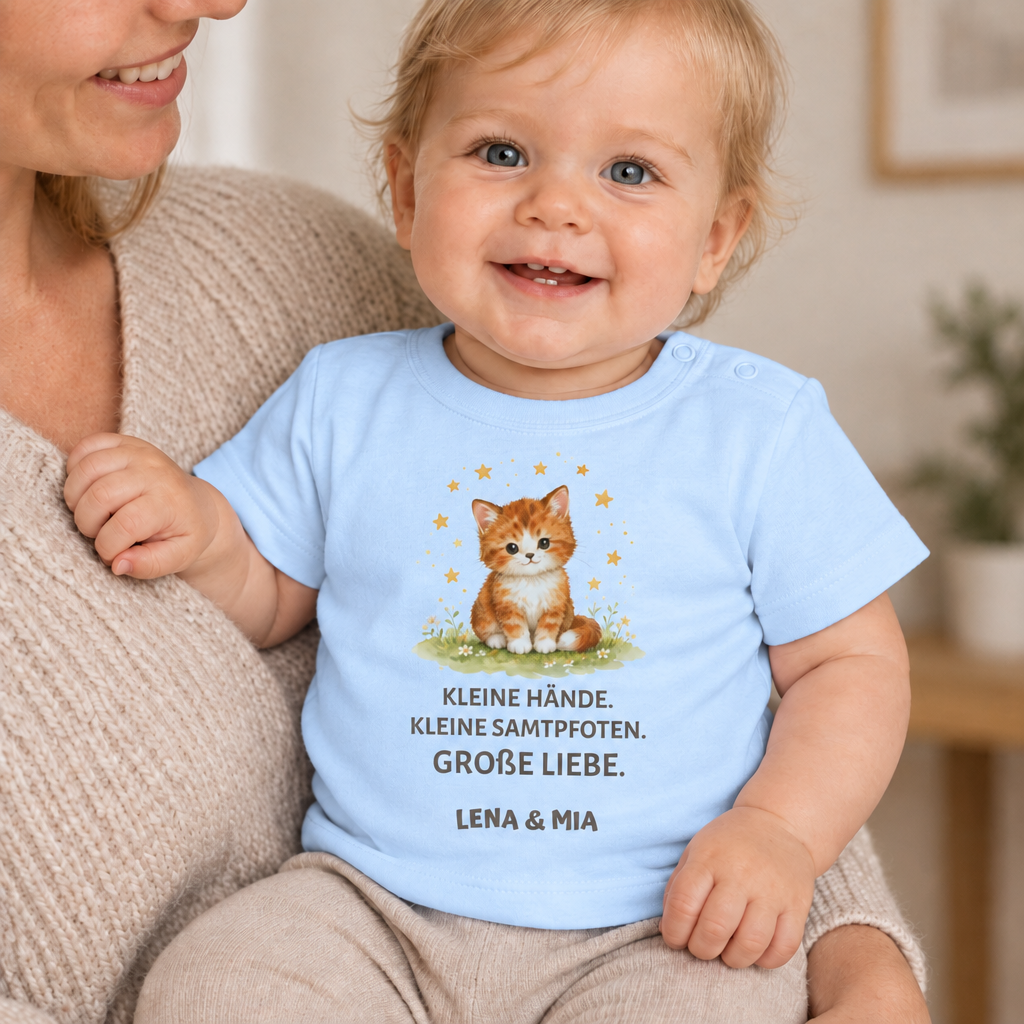 Baby T-Shirt mit Katze – Kleine Hände. Kleine Samtpfoten.