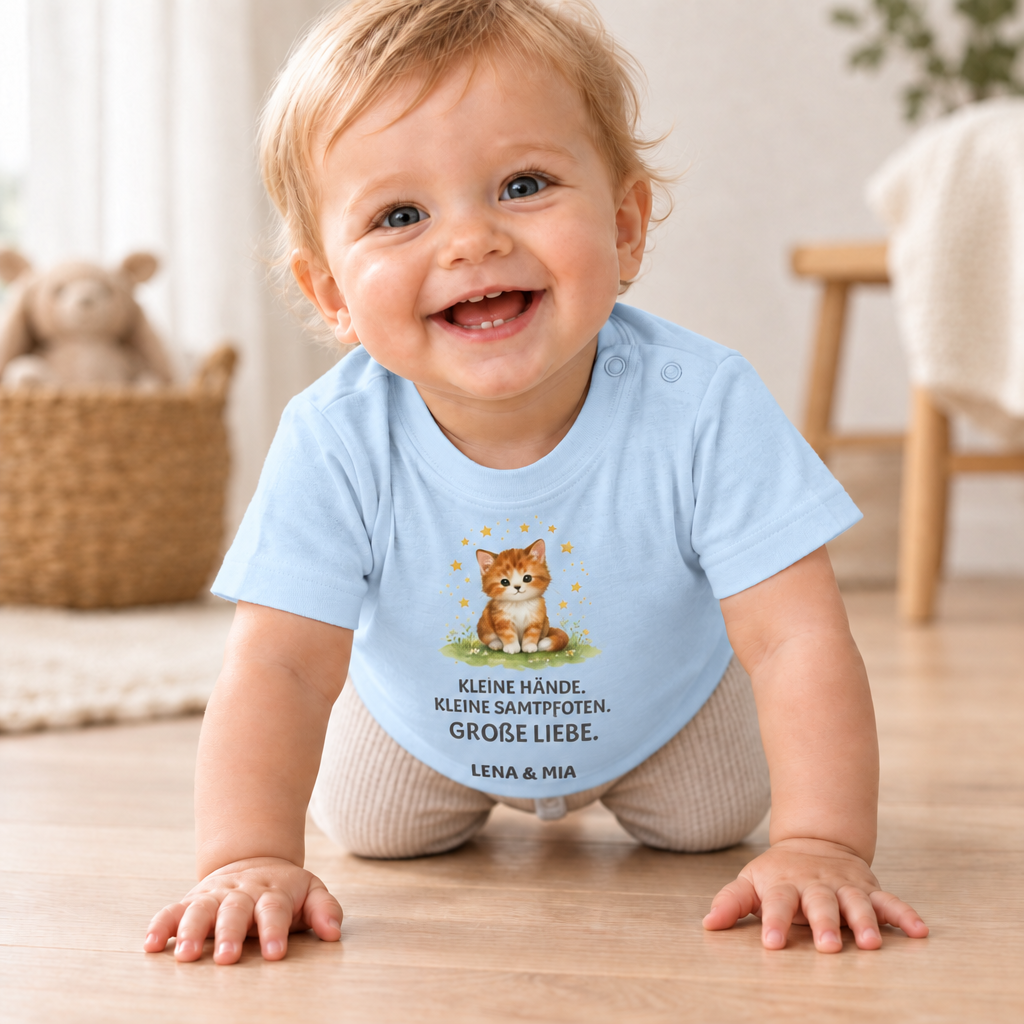 Baby T-Shirt mit Katze – Kleine Hände. Kleine Samtpfoten.