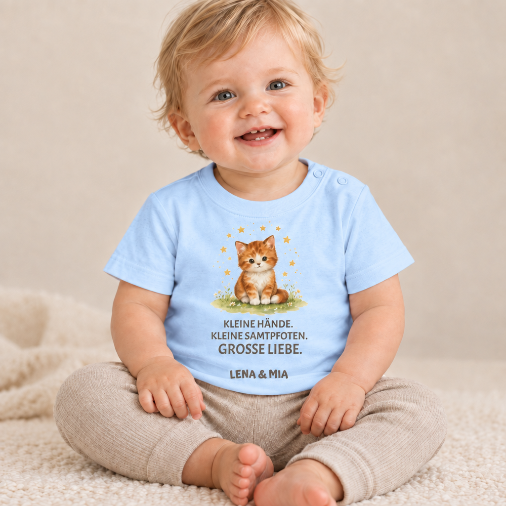 Baby T-Shirt mit Katze – Kleine Hände. Kleine Samtpfoten.