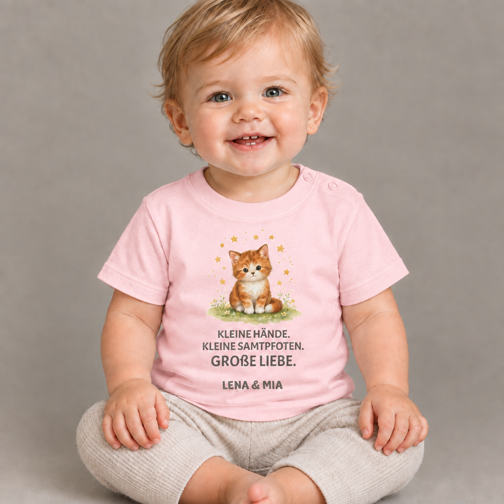 Baby T-Shirt mit Katze – Kleine Hände. Kleine Samtpfoten.