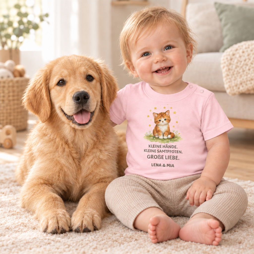 Baby T-Shirt mit Katze – Kleine Hände. Kleine Samtpfoten.