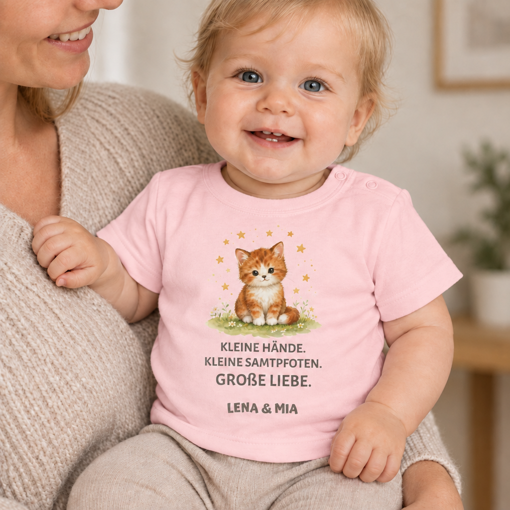 Baby T-Shirt mit Katze – Kleine Hände. Kleine Samtpfoten.