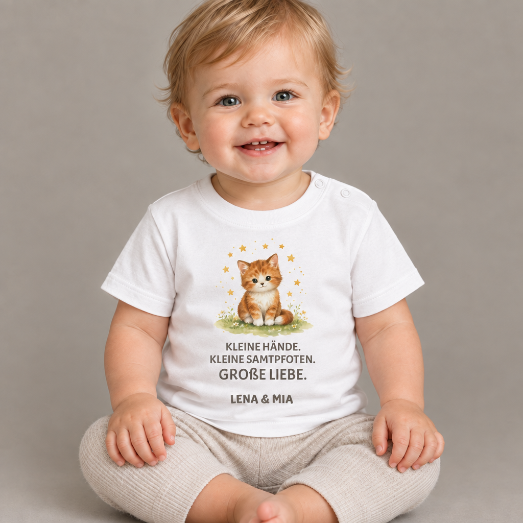 Baby T-Shirt mit Katze – Kleine Hände. Kleine Samtpfoten.