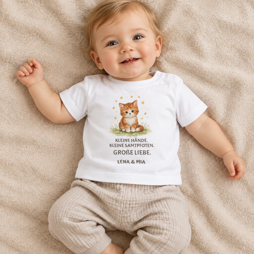 Baby T-Shirt mit Katze – Kleine Hände. Kleine Samtpfoten.