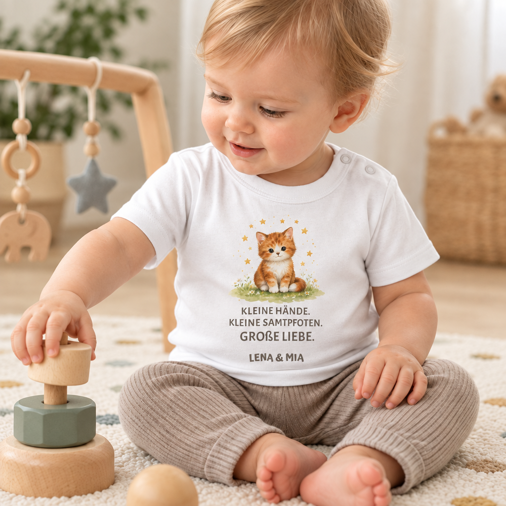 Baby T-Shirt mit Katze – Kleine Hände. Kleine Samtpfoten.