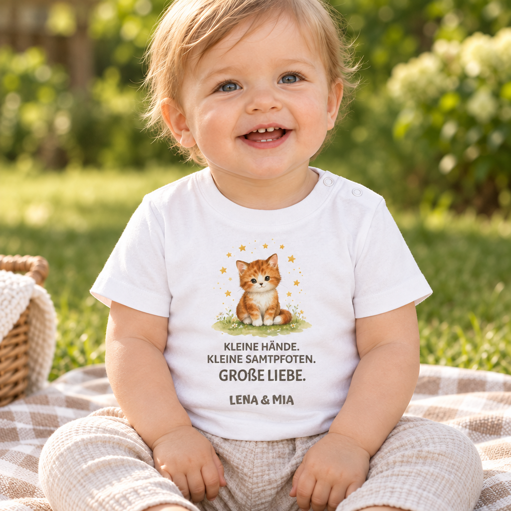 Baby T-Shirt mit Katze – Kleine Hände. Kleine Samtpfoten.