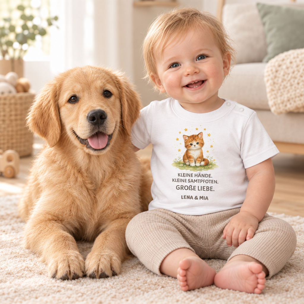 Baby T-Shirt mit Katze – Kleine Hände. Kleine Samtpfoten.