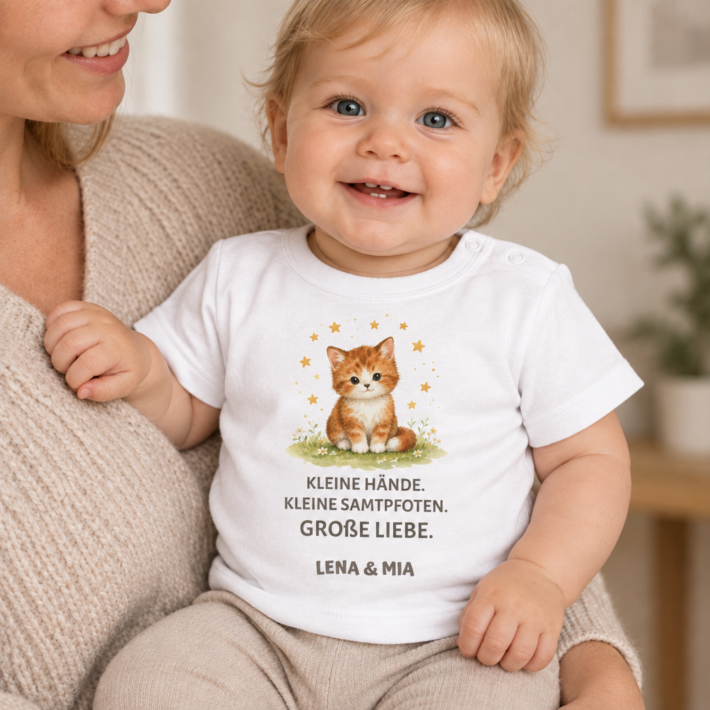 Baby T-Shirt mit Katze – Kleine Hände. Kleine Samtpfoten.