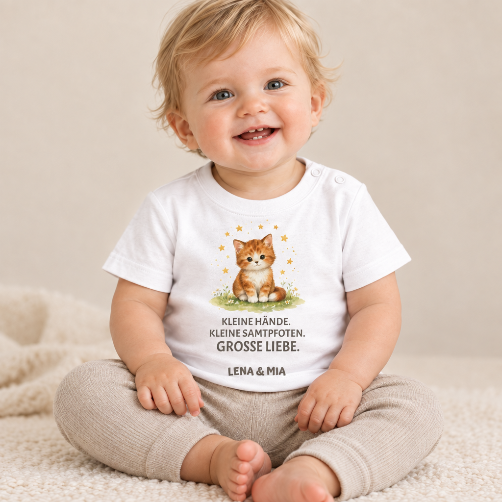 Baby T-Shirt mit Katze – Kleine Hände. Kleine Samtpfoten.