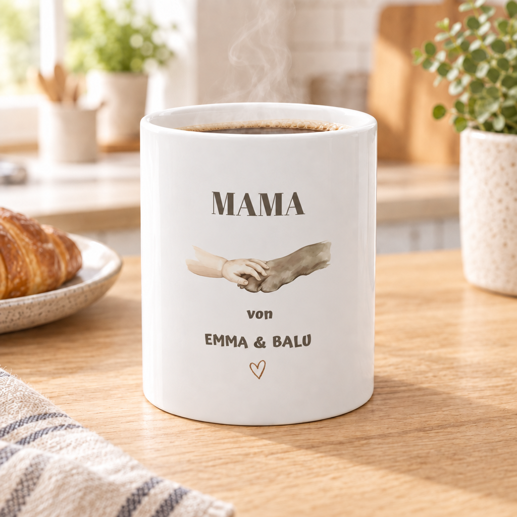 Personalisierte Mama Tasse – Baby & Hund | Zwei kleine Herzen