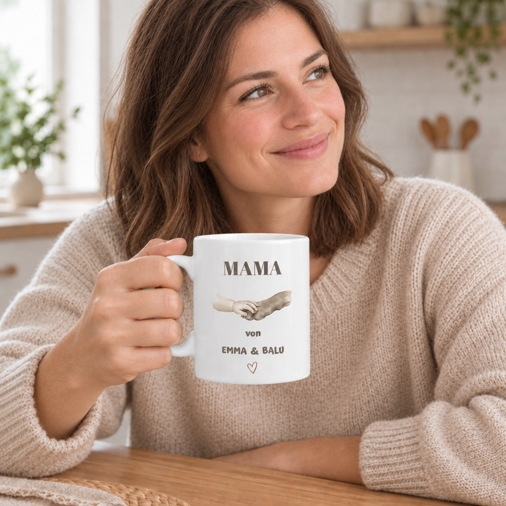 Personalisierte Mama Tasse – Baby & Hund | Zwei kleine Herzen