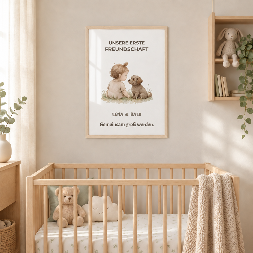 Personalisierter Kinderzimmer Poster – Unsere erste Freundschaft | Baby & Hund