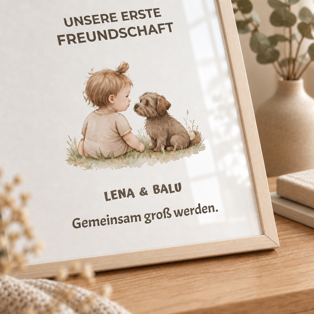 Personalisierter Kinderzimmer Poster – Unsere erste Freundschaft | Baby & Hund