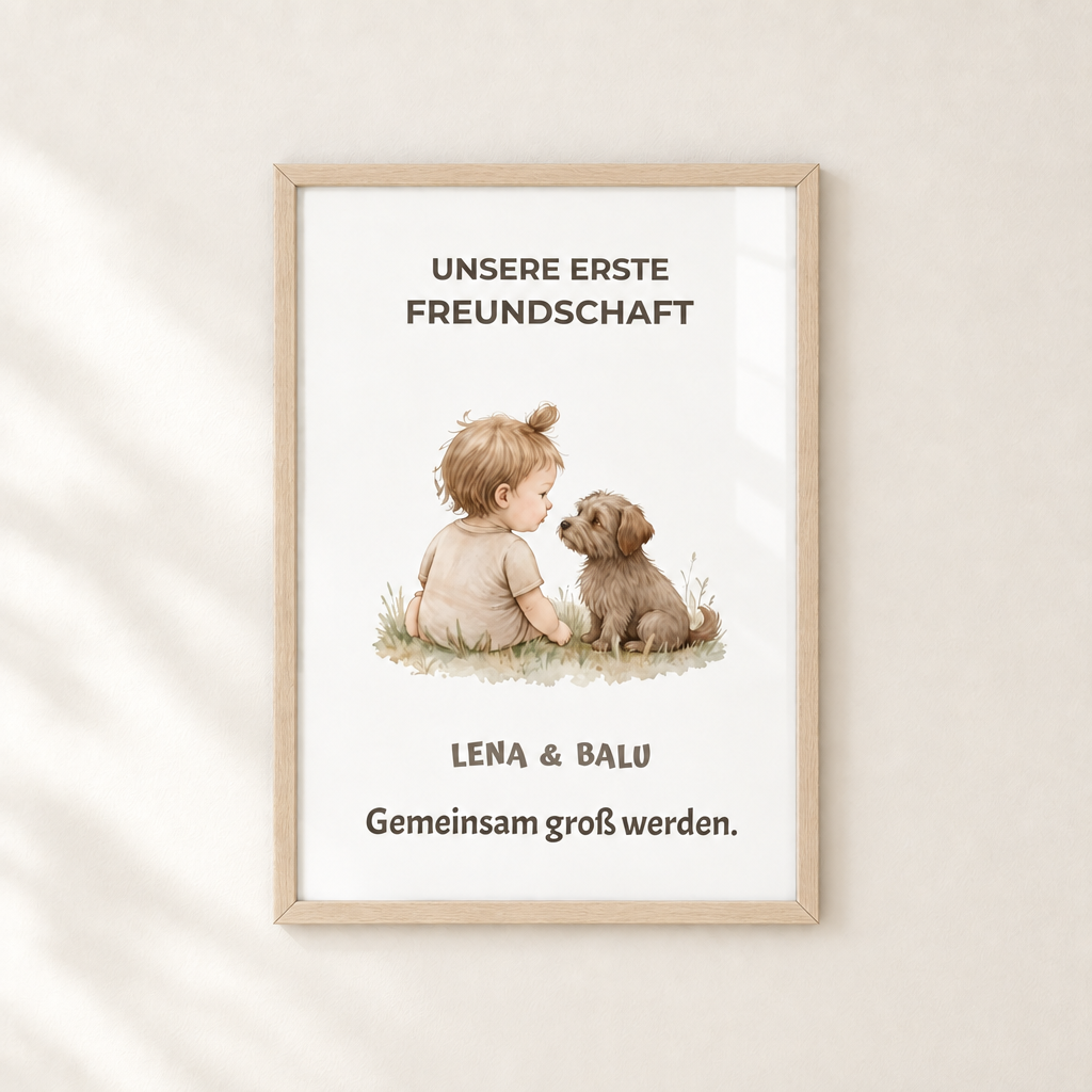 Personalisierter Kinderzimmer Poster – Unsere erste Freundschaft | Baby & Hund