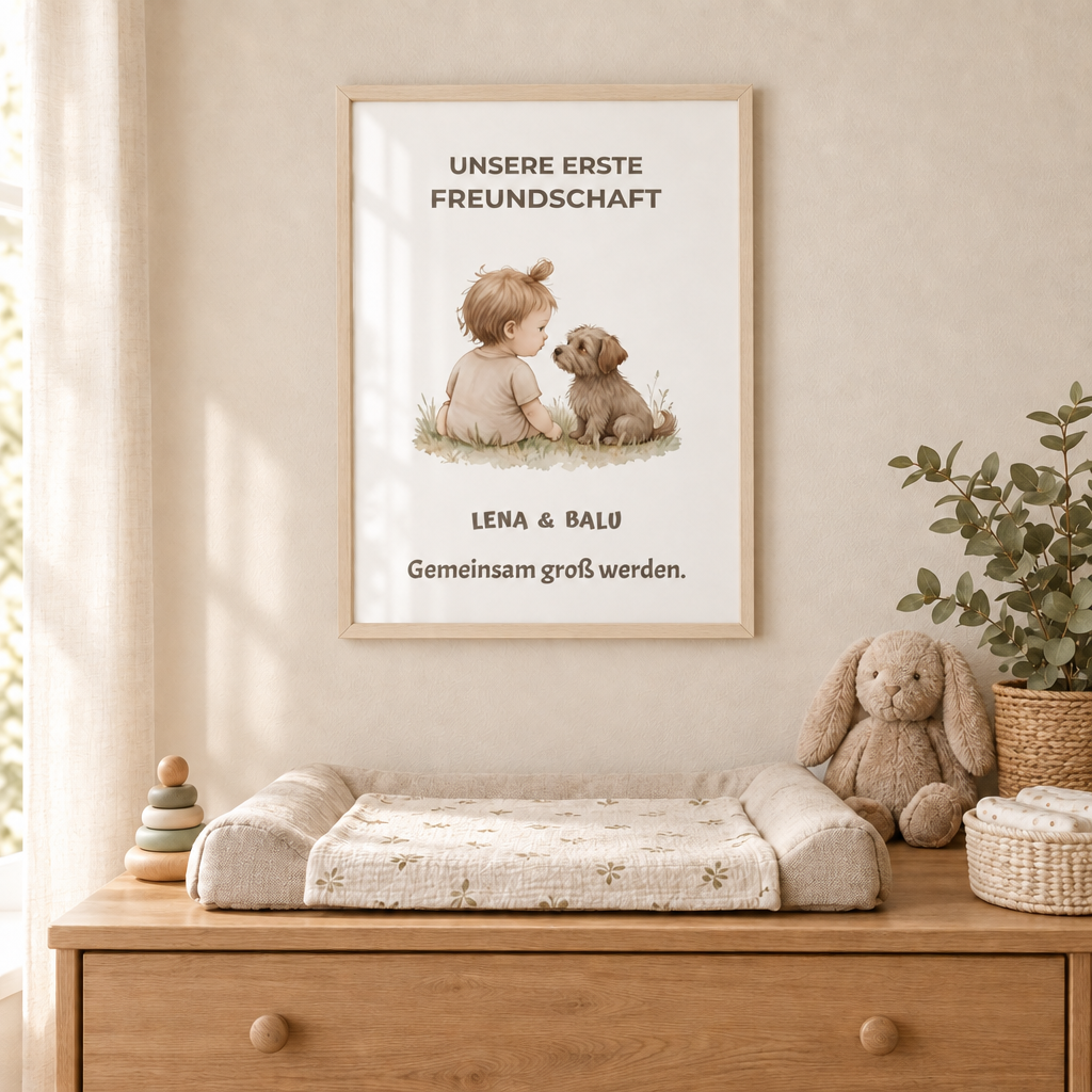 Personalisierter Kinderzimmer Poster – Unsere erste Freundschaft | Baby & Hund