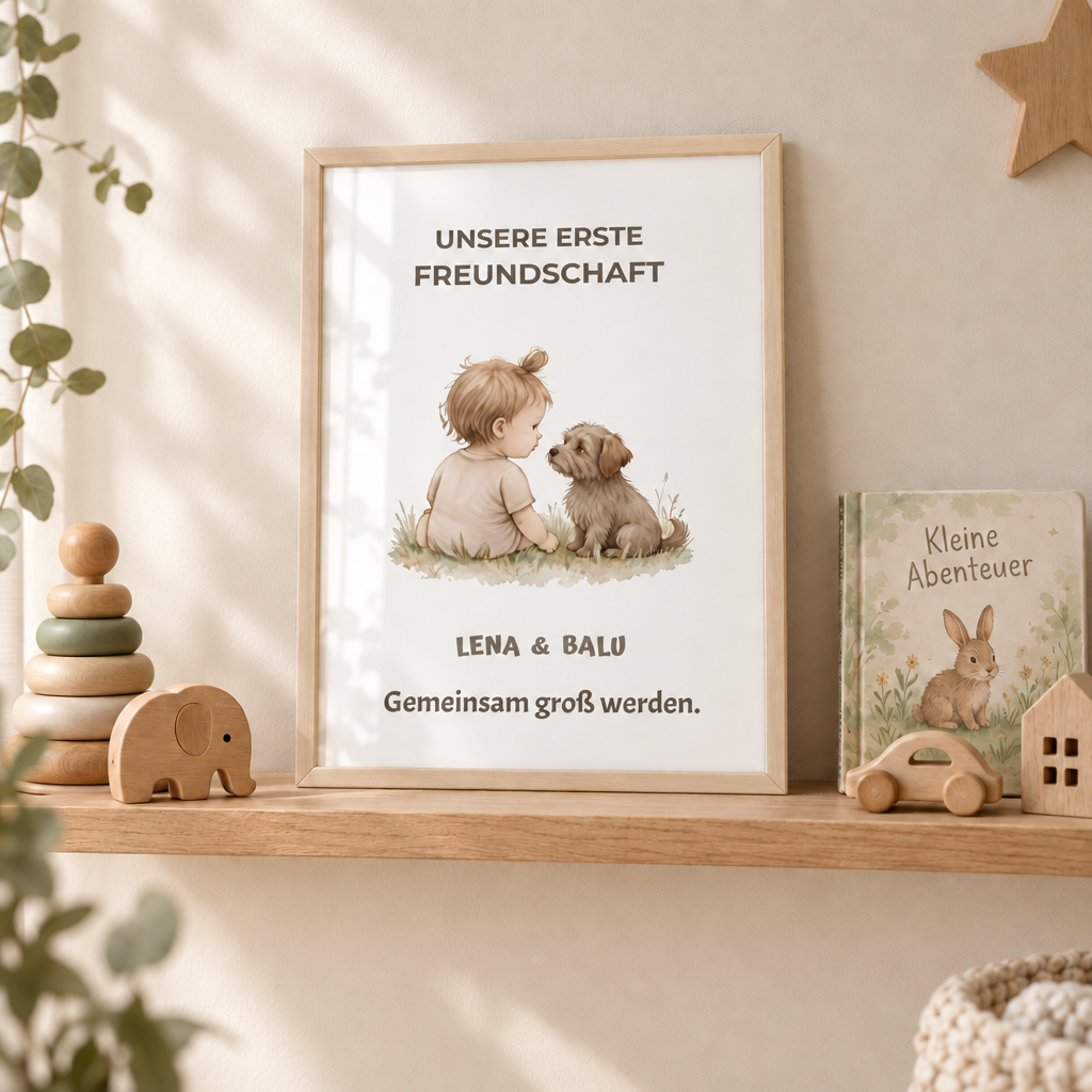 Personalisierter Kinderzimmer Poster – Unsere erste Freundschaft | Baby & Hund