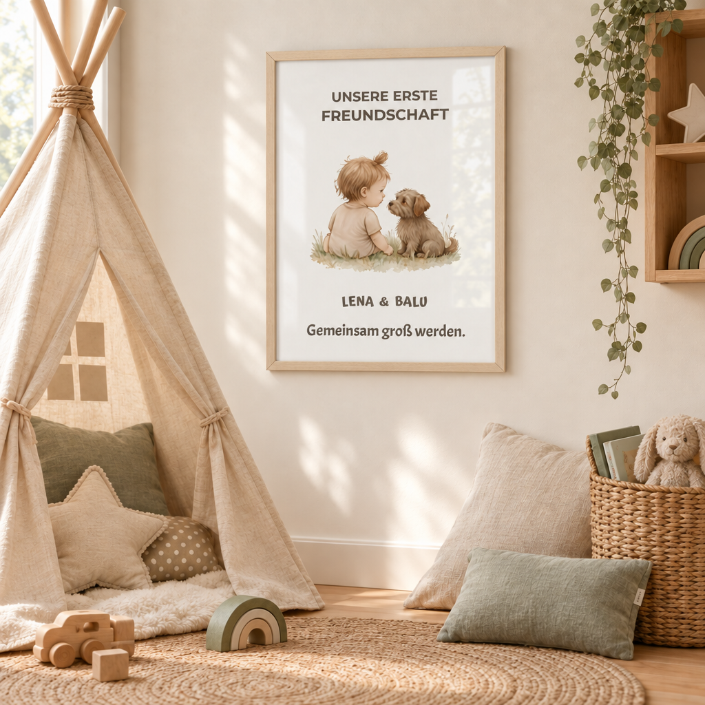 Personalisierter Kinderzimmer Poster – Unsere erste Freundschaft | Baby & Hund