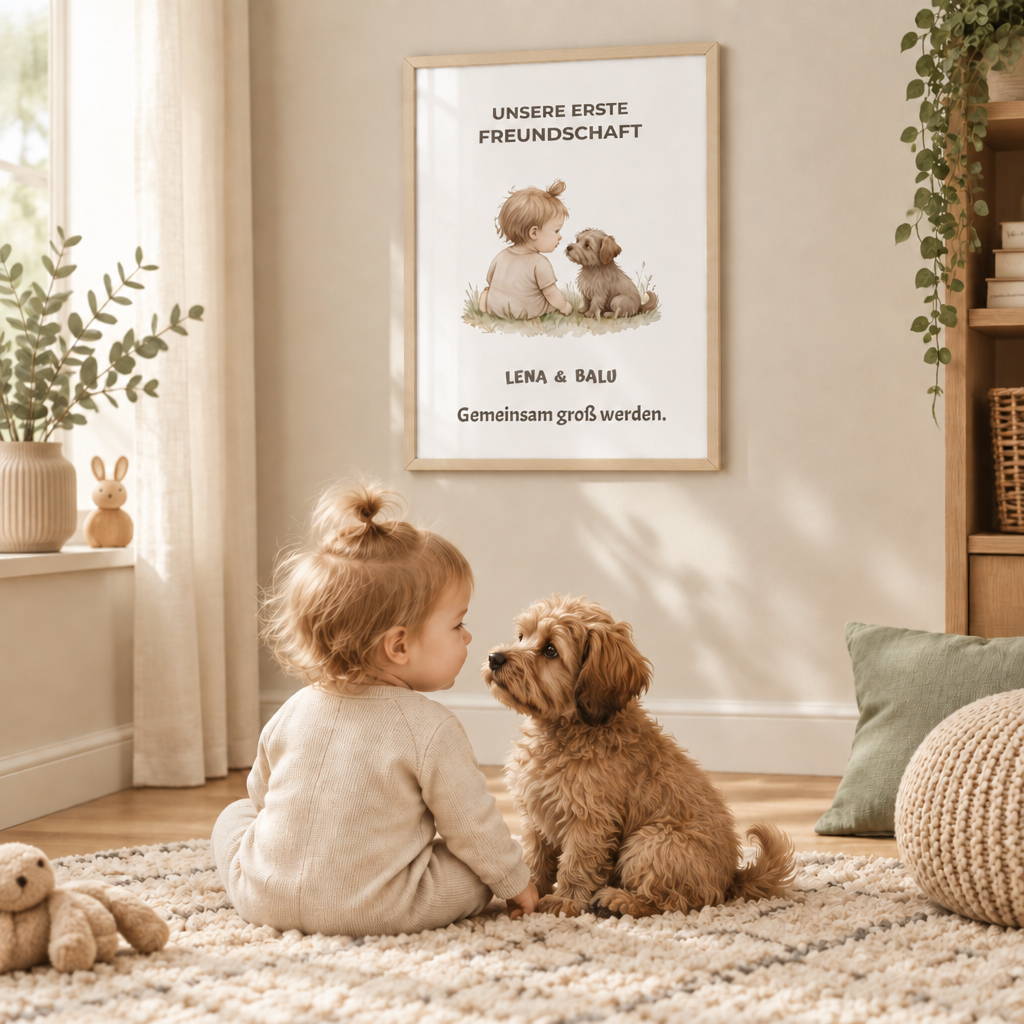 Personalisierter Kinderzimmer Poster – Unsere erste Freundschaft | Baby & Hund